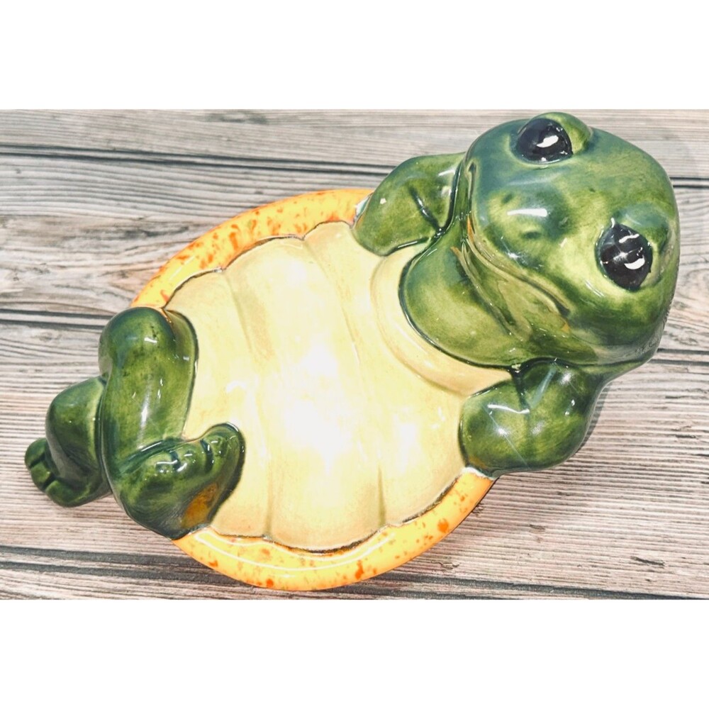 Vtg 1970's Ceramic Turtle Tortoise Figurine 10" Green Laying On Back Decor